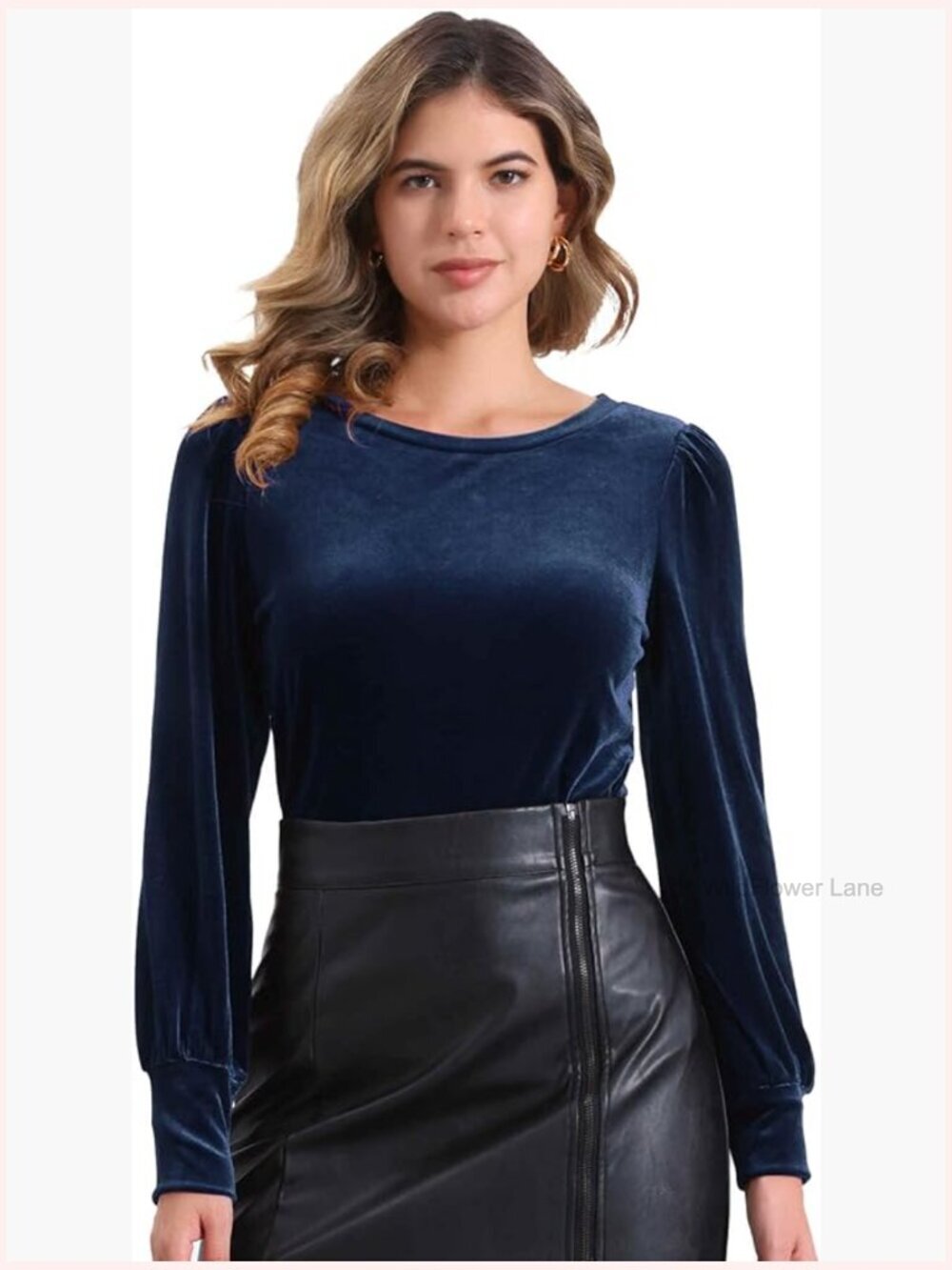 Crew Neck Puff Long Sleeve Velvet Top Blouse Casual Fall Winter